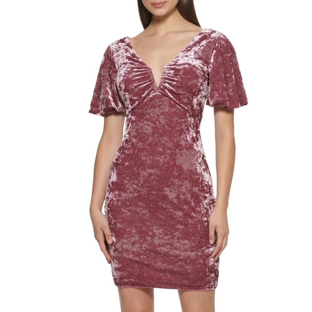 Guess Crushed Velvet Dress Puff Sleeve V-Neck Cocktail Bodycon Mini Mauve Pink 2